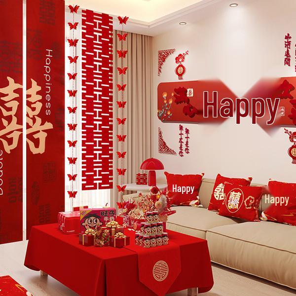 Wedding Room Decor Set: Living Room Sofa Wall & Bedside  Double Happiness  for Bride & Groom 3D Set [Perfect Match]