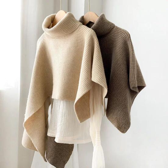 Cloak Scarf Women Solid Color Irregular Cut Cape Thickened Warm Knit Turtleneck Sweater Irregular Design Shawl Wrap