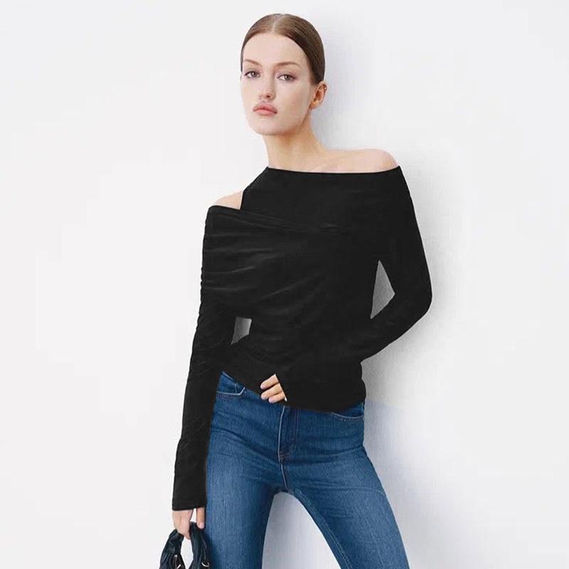 

2024 Women s Sexy Off-Shoulder Long-Sleeve T-Shirt with Double-Layered Chest Piece - Autumn Fashion Medium чорний
