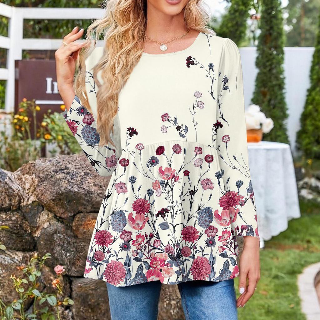 Women's Casual Fashion Long Sleeve Shirt Floral Printed Tunic Top