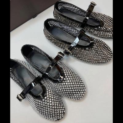 Balerinat cu strasuri Pantofi plati pentru femei, designer de modă, Mary Jane, pentru femei, pentru vară, cu plasă, sandale goale