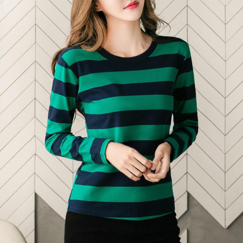 Frühling Herbst Langarm Oberteil Damen Tragbares Streifen T-Shirt Bequeme Basisschicht Vielseitige Damenbekleidung