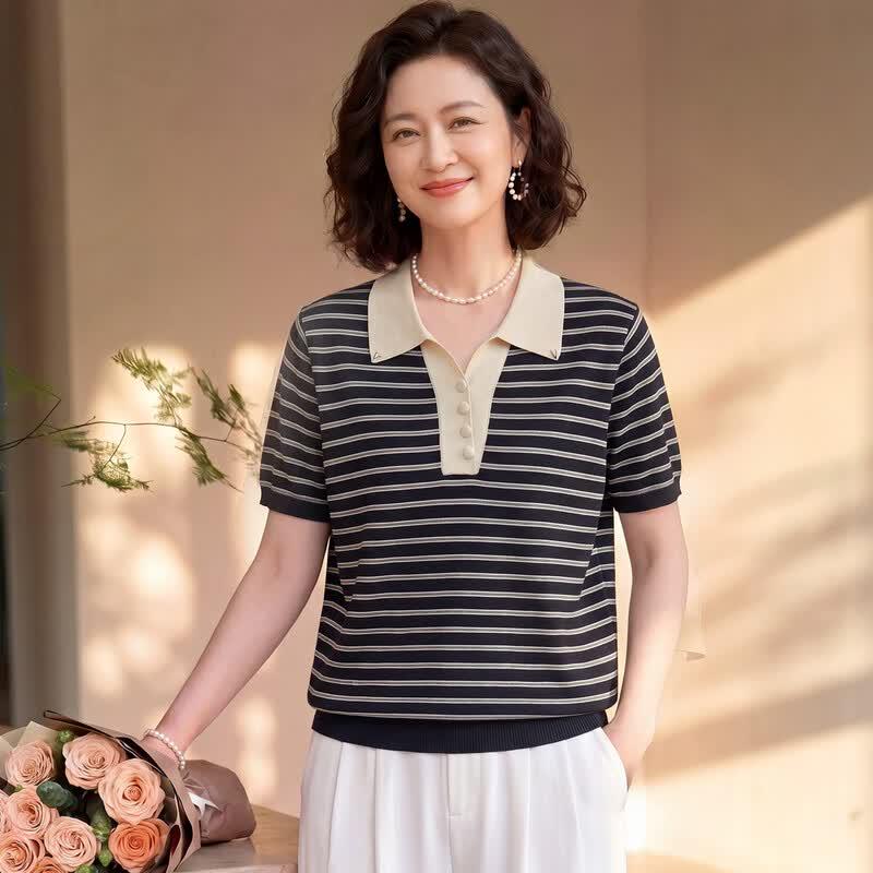 Datang Furen Mid-Aged Women s Striped Lapel Knit T-Shirt 110 (85-105 lbs)