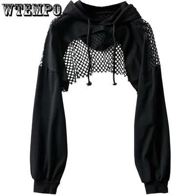 Women's Hoodies Ultra Short Mesh Splice Pullover Sweatshirts Gothic Girl's Long Sleeve Single Piece Cropped Top Streetwear