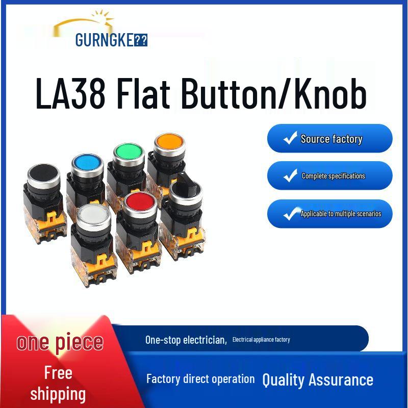 LA38 Self-Resetting Knob: 22mm Start Button Switch, Self-Locking, Flat Silver Point, 1 NO/NC. Blue Self-Resetting
