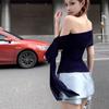 Slim Fit Y2K Crop Top Women Ribbon Slanted Shoulder Top Fashion Off Shoulder Shirt Top  Girls