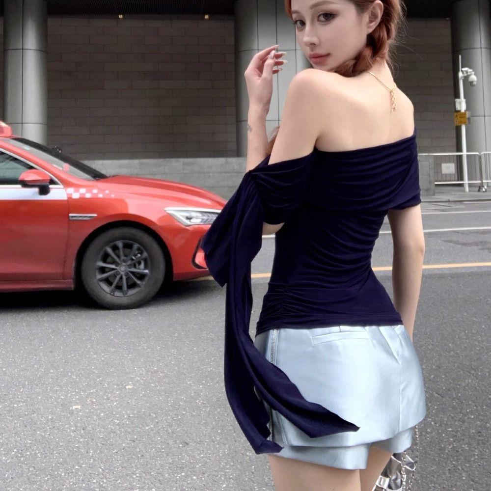 Slim Fit Y2K Crop Top Women Ribbon Slanted Shoulder Top Fashion Off Shoulder Shirt Top Girls