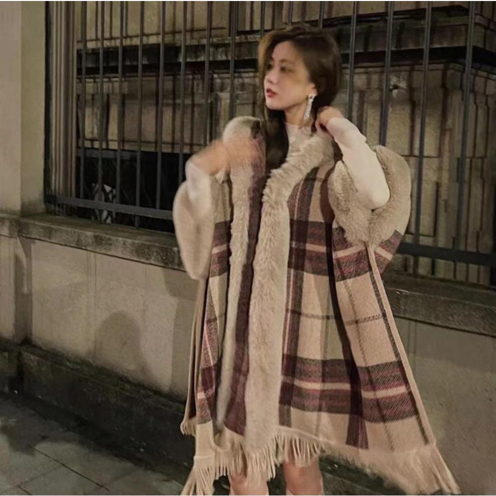 Original Hooded Fur Collar Scottish Plaid Cape Women'S Knitted Woolen Jacket 0860 #