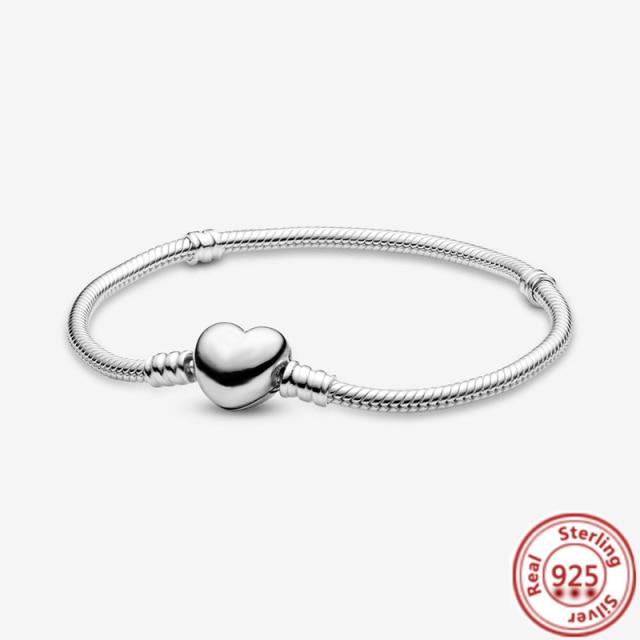 Authentic 925 Sterling Silver Flower Heart T-Bar Basic Snake Chain Bracelets Fit Original Brand Charms Beads DIY Jewelry Women