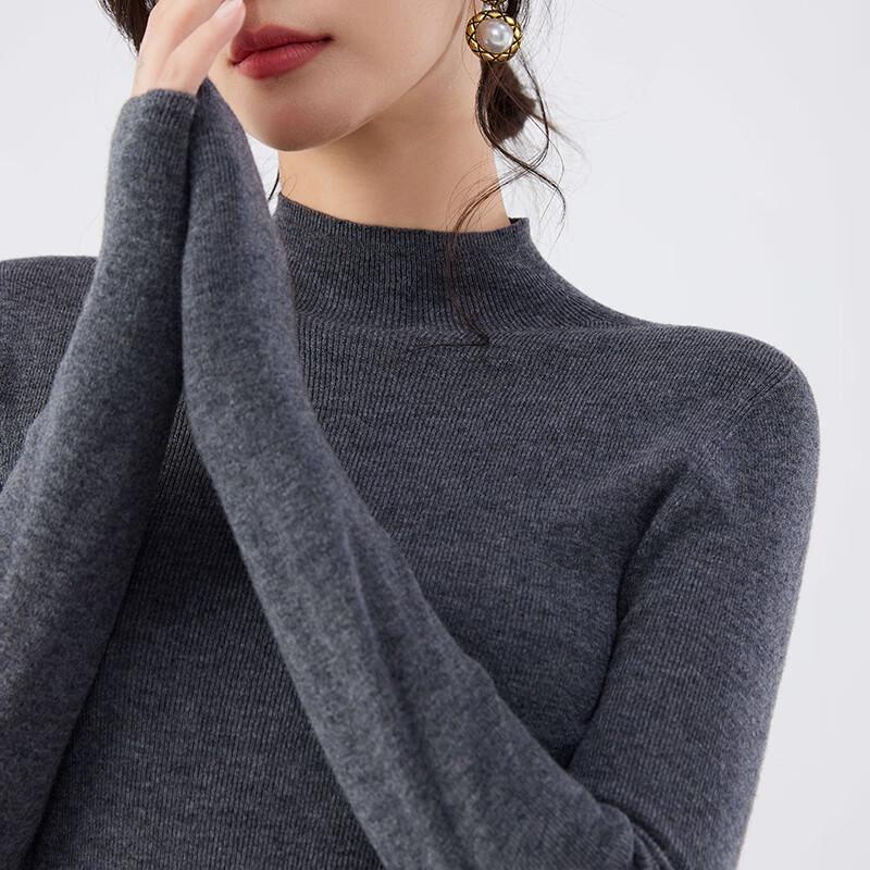 Women's 100% Pure Wool Semi-High Neck Slim-Fit Long Sleeve Sweater