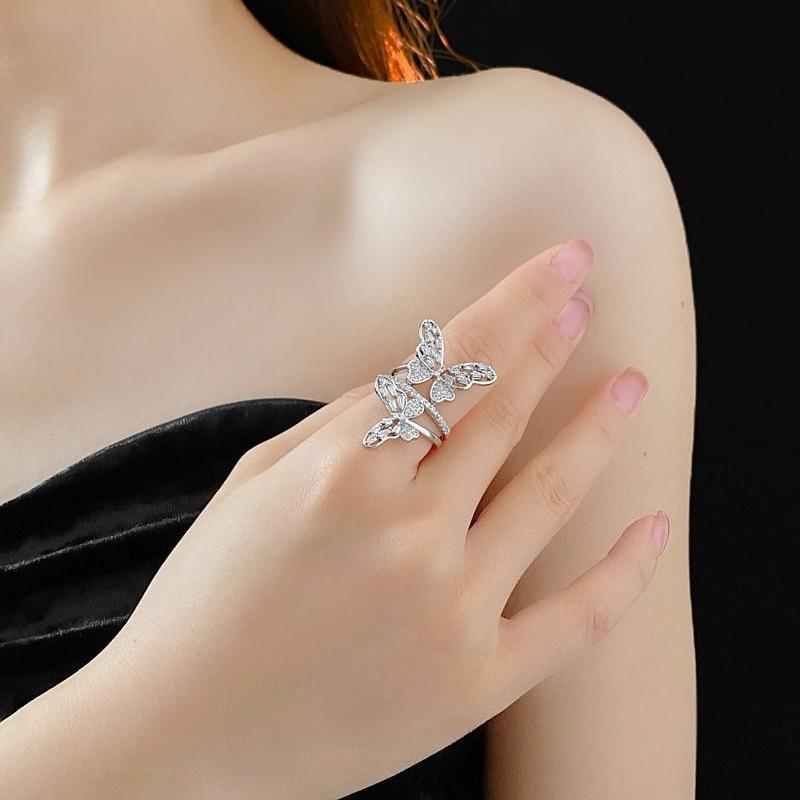 1PC Environmentally Friendly Double Hollow Butterfly Zircon Inlaid Opening Fashionable Super Fairy Design High-end Exquisite New Index Finger Ring