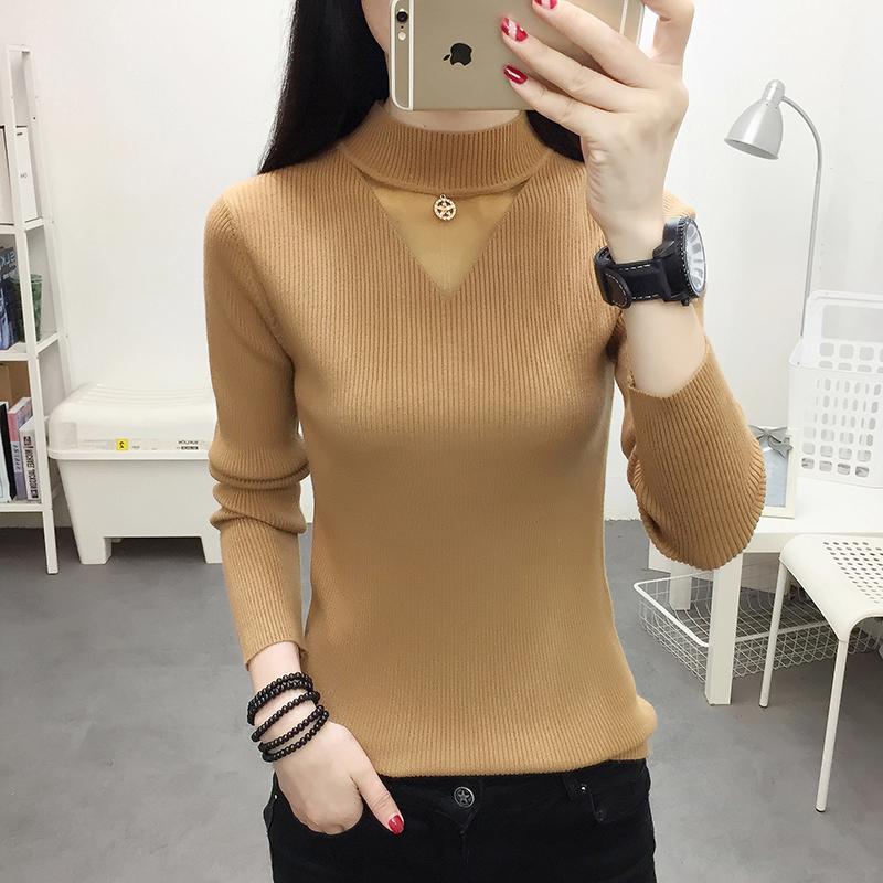 New Women's Turtleneck Pullover Slim Knit Jumper Winter Hollow Gauze  Yellow Sweater Tops