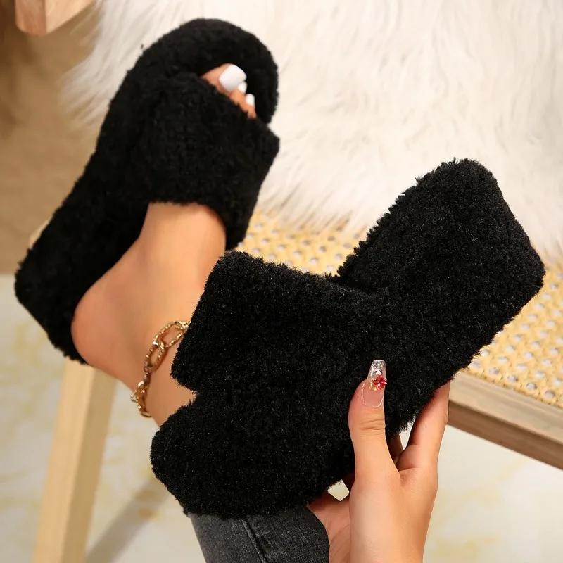 Female Shoes on Sale 2024 New Open Toe Women's Slippers Autumn Suede Simple Solid Platform Casual Comfortable Plus Size Slippers