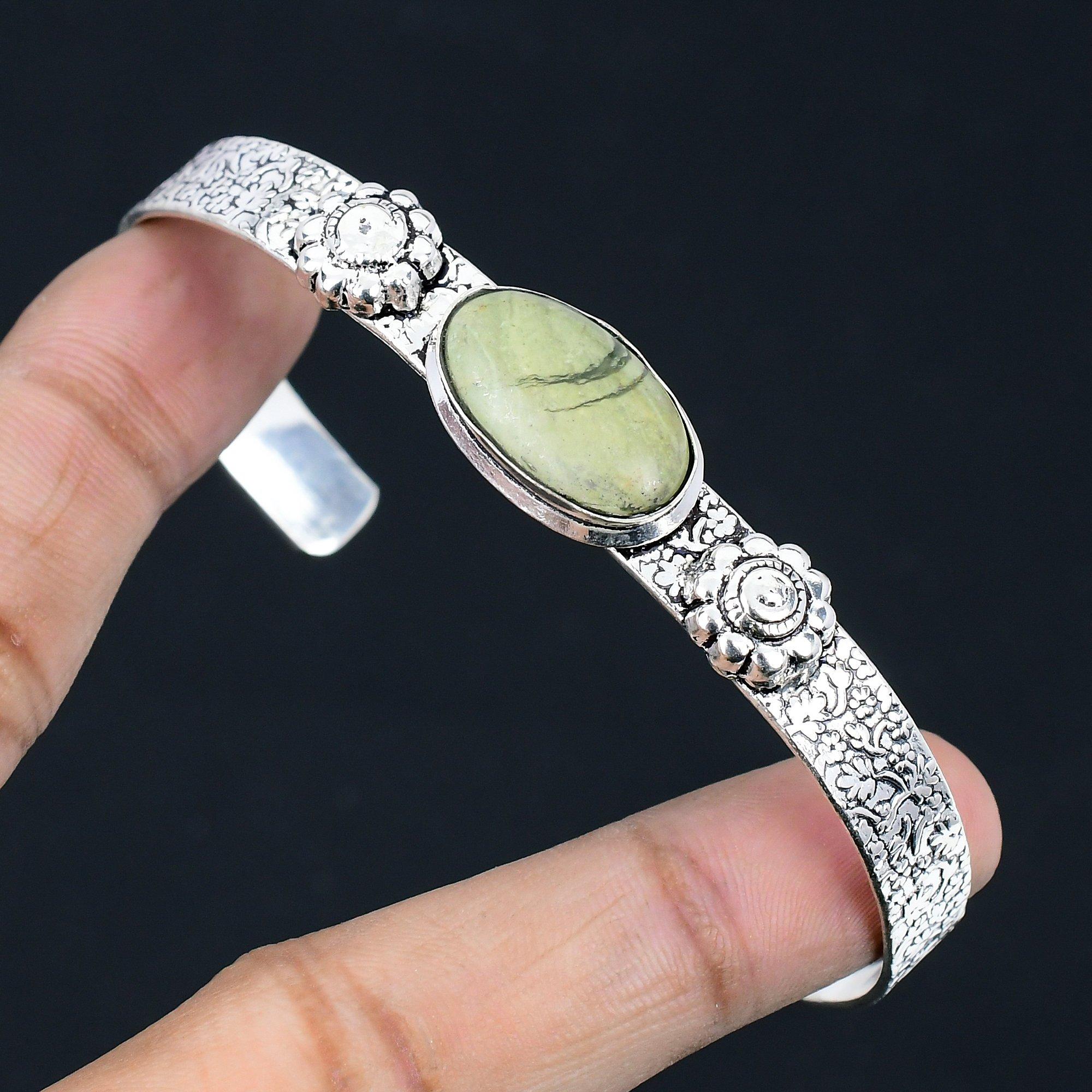 

Mothers day Sale Natural Green Opal 925 Sterling Silver October Bangle Bracelet Adjustable