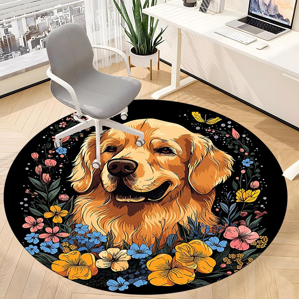 1pc Dog Floral Wreath Chair Carpet for Office, Round Non Slip Durable Large Size Office Carpet, Suitable for Office