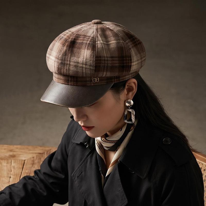 Plaid British Style Retro Octagonal Hat Female Autumn and Winter Student Versatile Face Little Painter Hat Temperament Beret Newsboy Hat