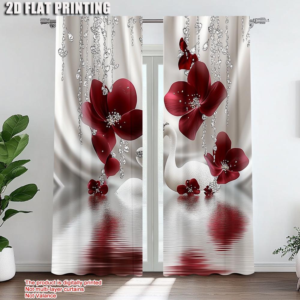 2Pcs Digital Printed Rod Pocket Window Curtain Swan Flower Pattern Window Drapes For Bedroom Living Room Home Decor Design For