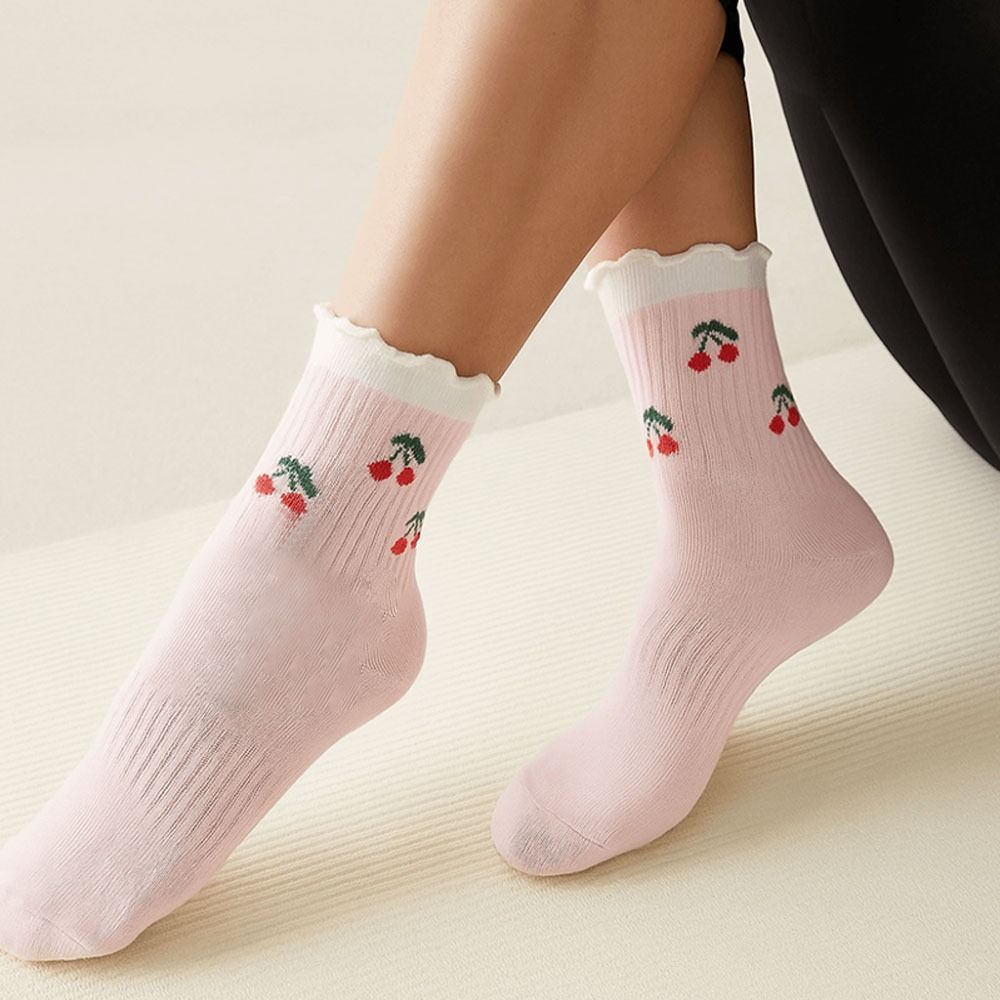 Breathable Pilates Socks Cotton Mid Tube Socks New Cherry Embroidery Socks