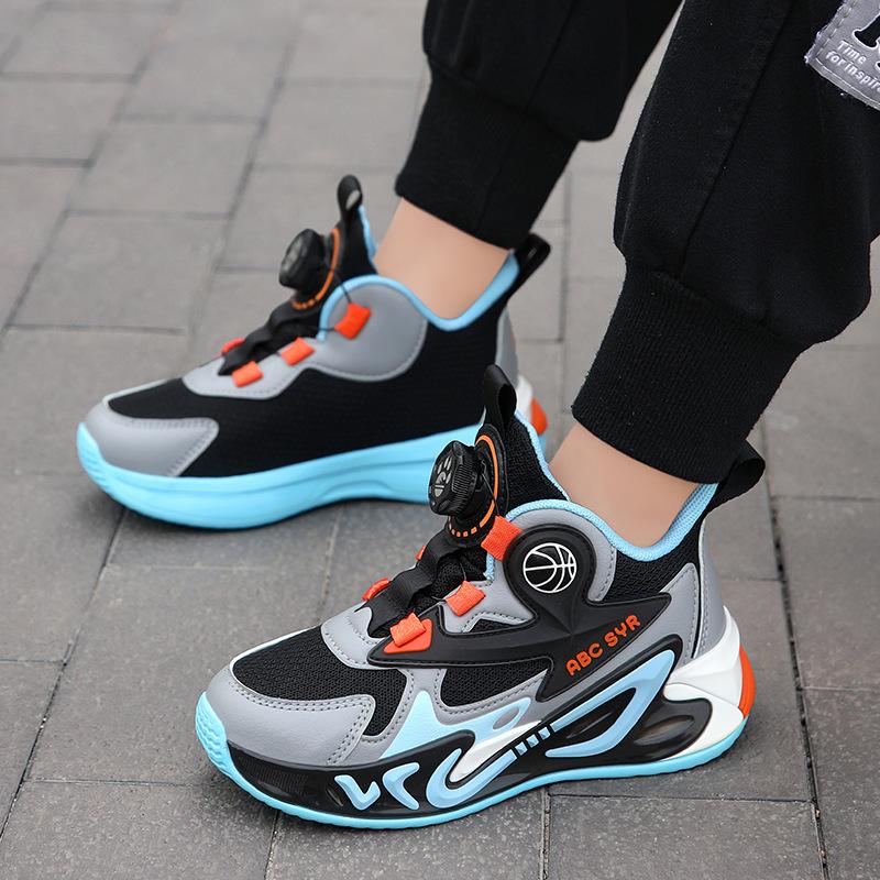 2025 Spring New Breathable Mesh Children's Sports Shoes Rotating Button Boys Basketball Shoes Children's Casual Trendy Shoes