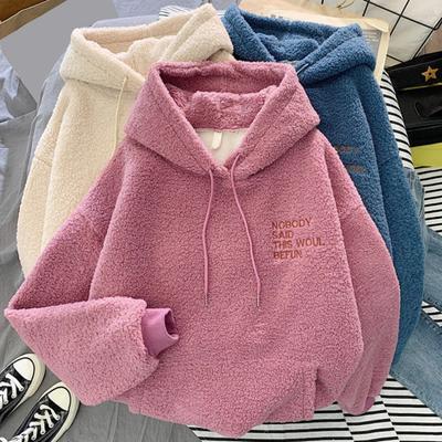 Fall Winter Women Hoodie Drawstring Elastic Cuff Thick Fleece Patch Pocket Loose Long Sleeves Pullover Warm Letter Embroidery Top