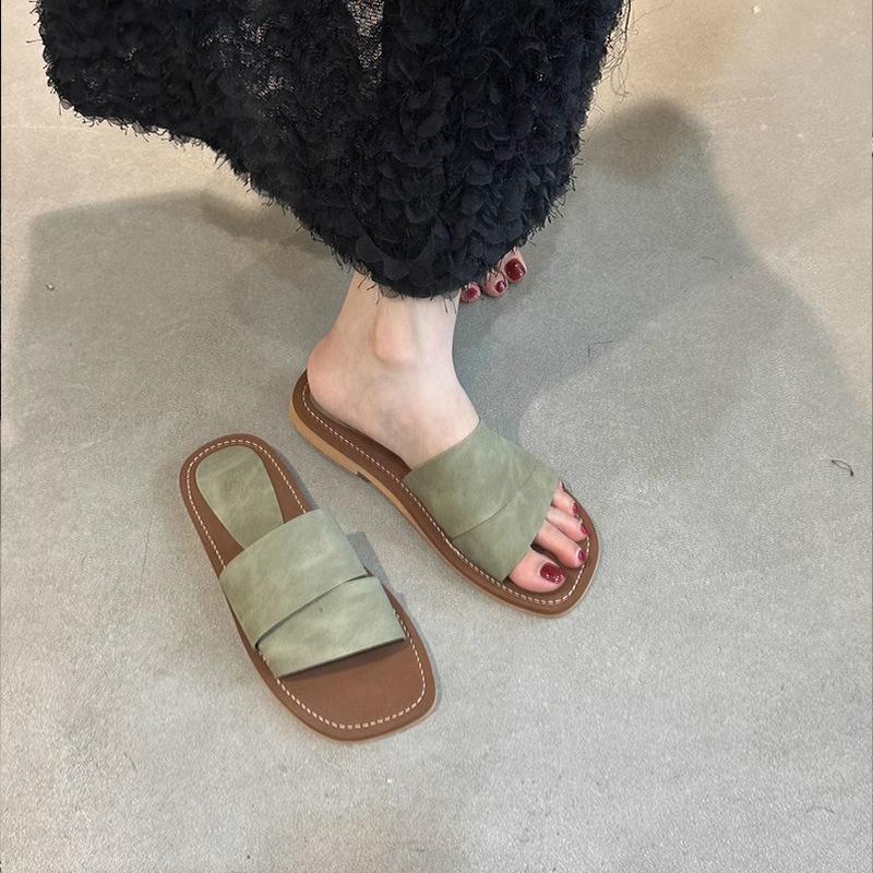 Sheepskin one-word slippers women's summer wear Korean version French evening breeze with skirt temperament soft leather flat-bottomed cool slippers