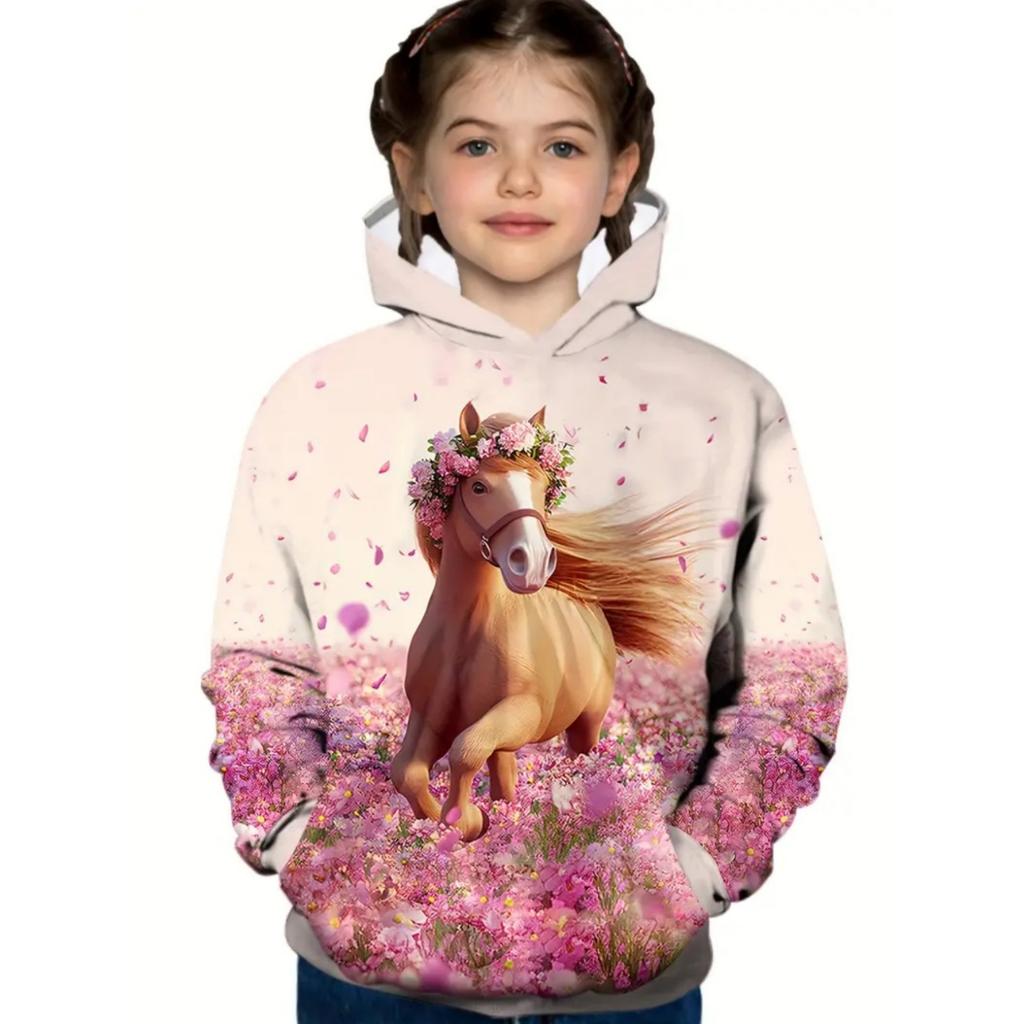 Cool Horse Girl Clothes Animals 3D Print Autumn Long Sleeve Hoodies Loose Lightweight Sweatshirt Comfortable Children's Clothing
