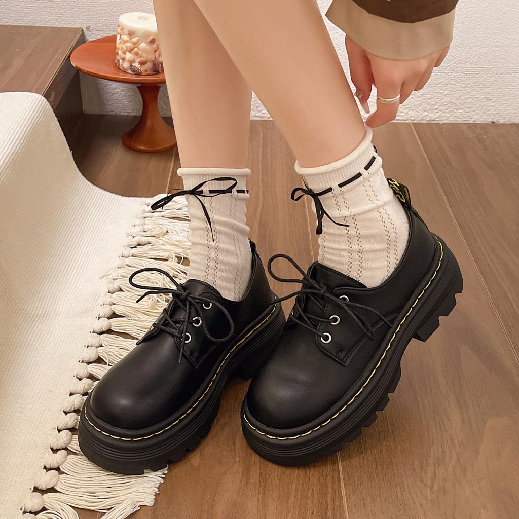 Large Size Platform British Style Lace-up Small Leather Shoes Round Head Thick Heel Autumn Retro Muffin Single Shoes Women