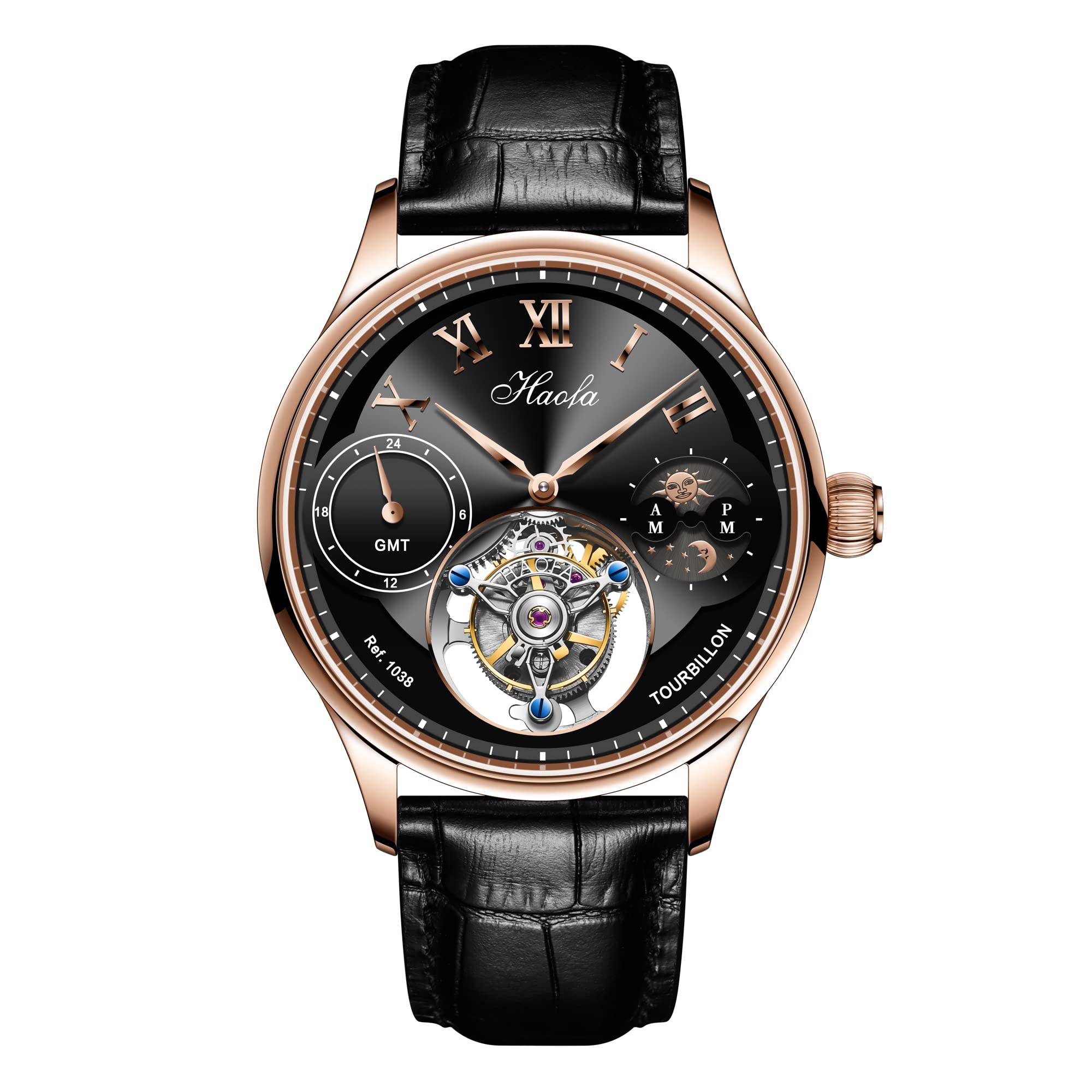 

HAOFA Watch Tourbillon Mechanical Day and Night GMT Genuine Leather Strap Stylish Waterproof Luxury Watch Popular Gift for Men Men s Men s