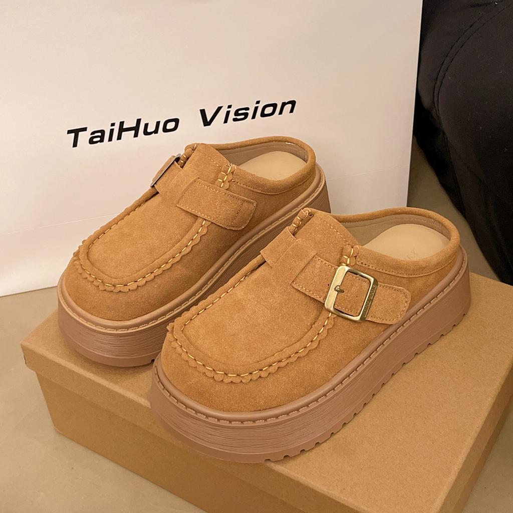 Retro Casual Muffin Sole Single Shoes Women's Spring Buckle British Versatile Fashion Platform Slippers One Pedal Loafers