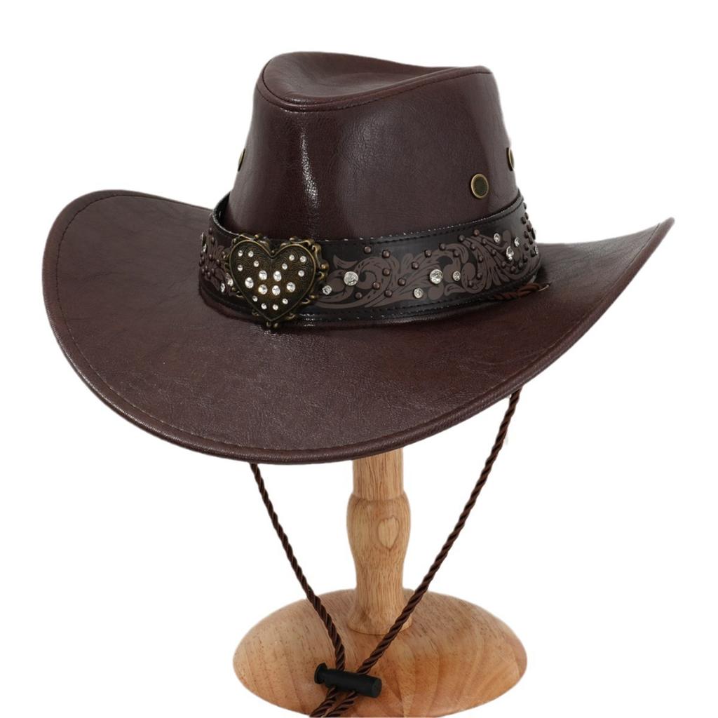 American retro western cowboy hat, love rhinestone imitation leather visor, outdoor windbreak rope multi-color optional