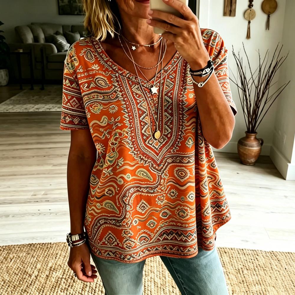 Women Boho Paisley Print Blouse V‑Neck Short Sleeve Ethnic Retro Loose Plus Size Casual Summer Tunic Top