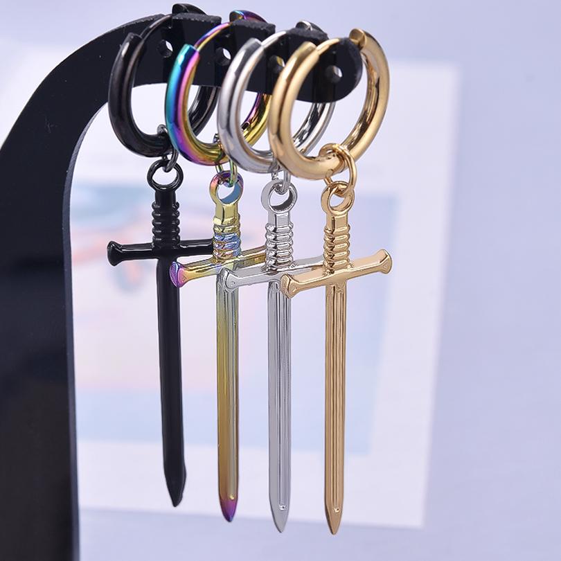 Goth Punk Black Long Sword Earrings For Women Men Accessories Stainless Steel Hoops Earring Dangle Tools Jewelry Piercing Arete