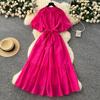French fashion stand-up collar, lantern sleeves, straps, waist dress, women's thin temperament, shiny ruffle edge long skirt