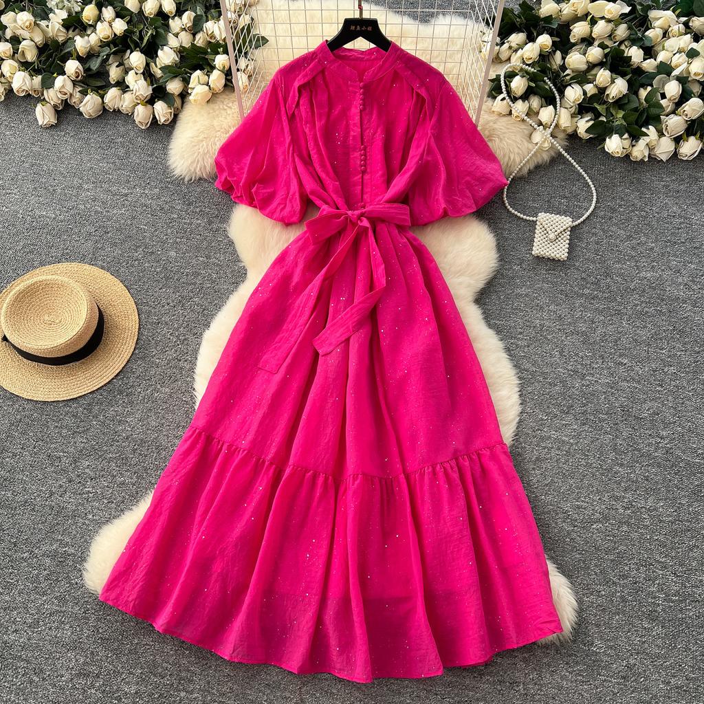 French fashion stand-up collar, lantern sleeves, straps, waist dress, women's thin temperament, shiny ruffle edge long skirt