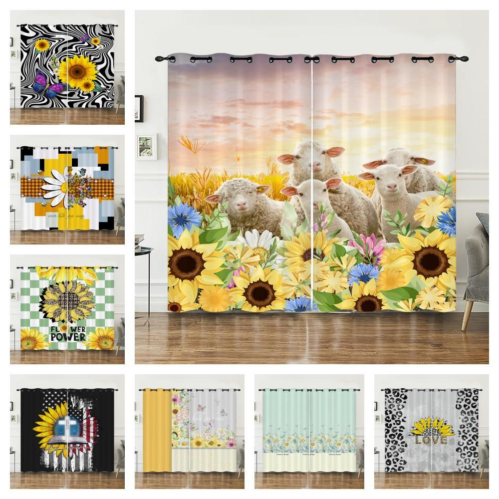 Curtains Sunflower Plant Bedroom Curtains Digital Printing Blackout Curtains No Punching