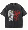 Gothic Christian Cross Print T Shirt Mens Oversized Washed Black Tee Retro Graffiti Streetwear Casual Tops