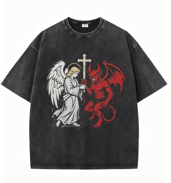Gothic Christian Cross Print T Shirt Mens Oversized Washed Black Tee Retro Graffiti Streetwear Casual Tops