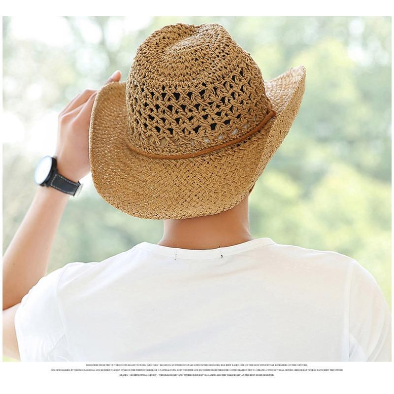 Men Hollow Woven Cowboy Straw Hat Wide Brim Windproof Chin Cord Breathable Outdoor Fishing Travel Sun Cap
