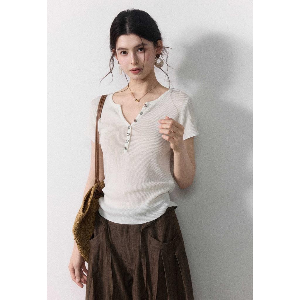 Eryang [Moyi] Gentle Temperament Semi-open V-neck Short-sleeved Knitted Sweater for Women, Slim and Thin Temperament Top