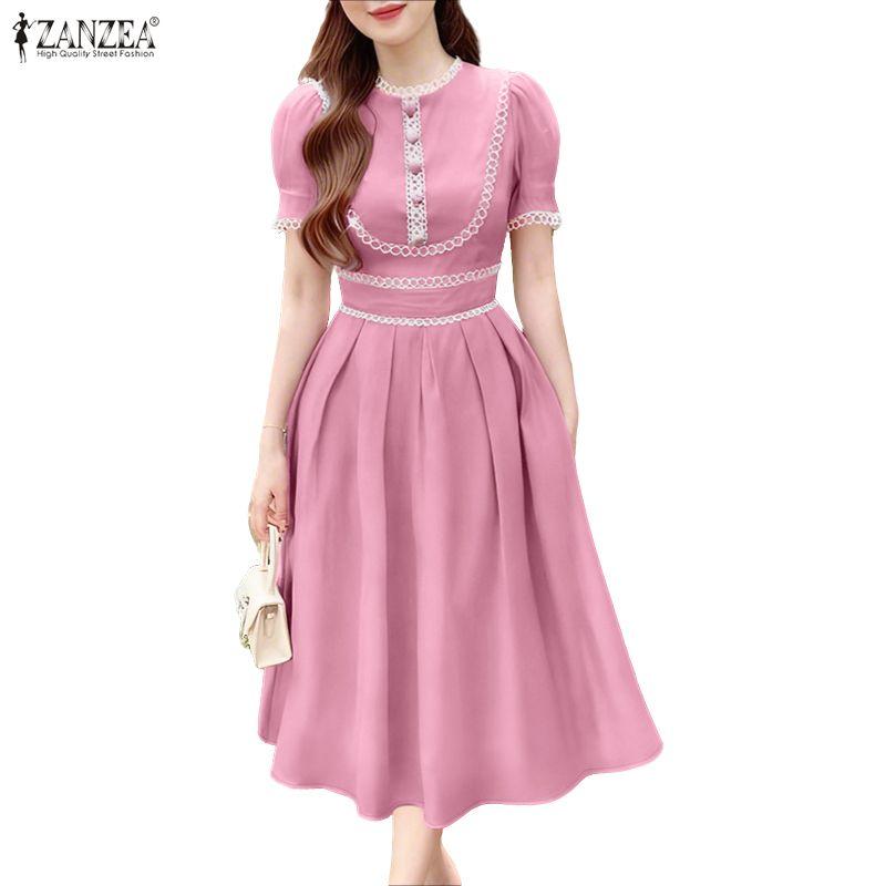 ZANZEA Women Casual Round Neck Elegant Short Sleeve Dress