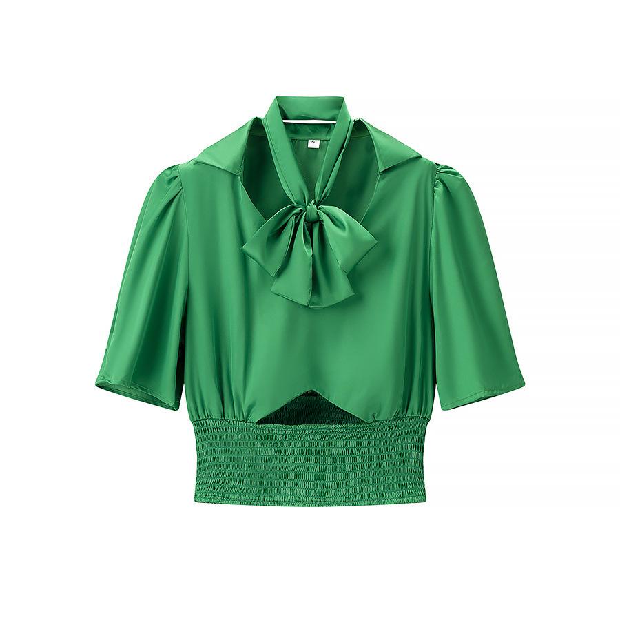 

Korean Style Women s Pleated Cinched Waist V-Neck Bubble Sleeve Top Small зелёный