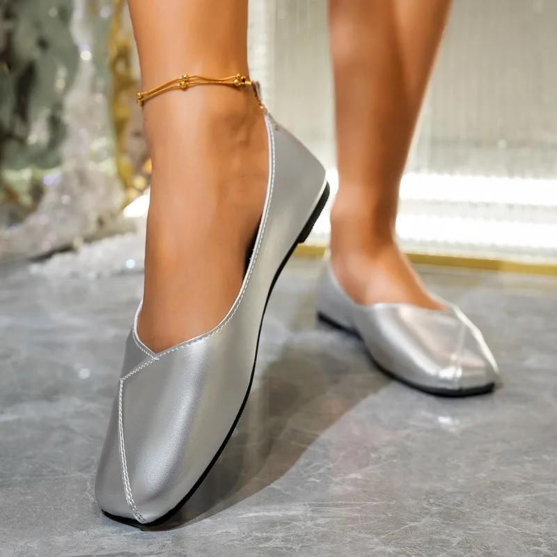 Autumn New Flat Shoes Women's Square Head Shallow Mouth Splicing Soft Sole Anti-slip Wear-resistant Low-top Shoes