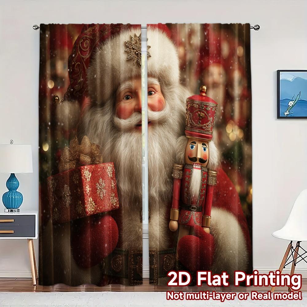 

Set Of 2 Flat Printing Jit Curtains Without Rod Festive Santa Duo Popular Polyester Suitable Curtain Made W100*H70(CM)-Grommet top&2PCS