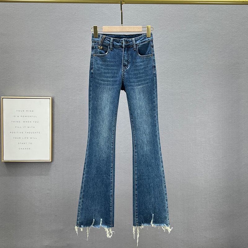 

Raw Hem High Waist Silm Slim Looking All-Match Blue Bootcut Trousers Blue 26