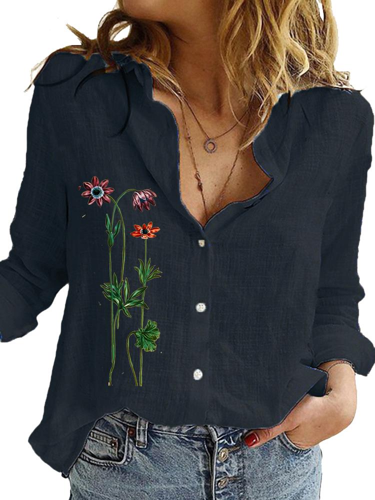 Camisa de Manga Larga de Moda para Mujer Top Holgado de Algodón Lino Blusas Casuales con Estampado para Señoras