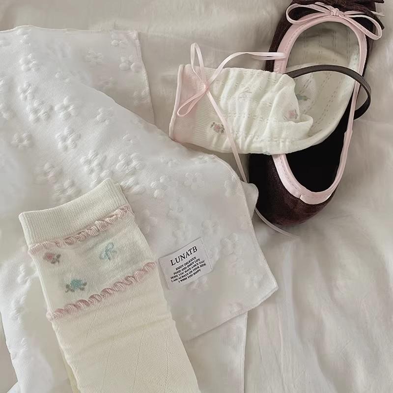 Summer Floral Ribbon Bow Lace Ankle Socks In Ballet Style, with Layered Stockings.
