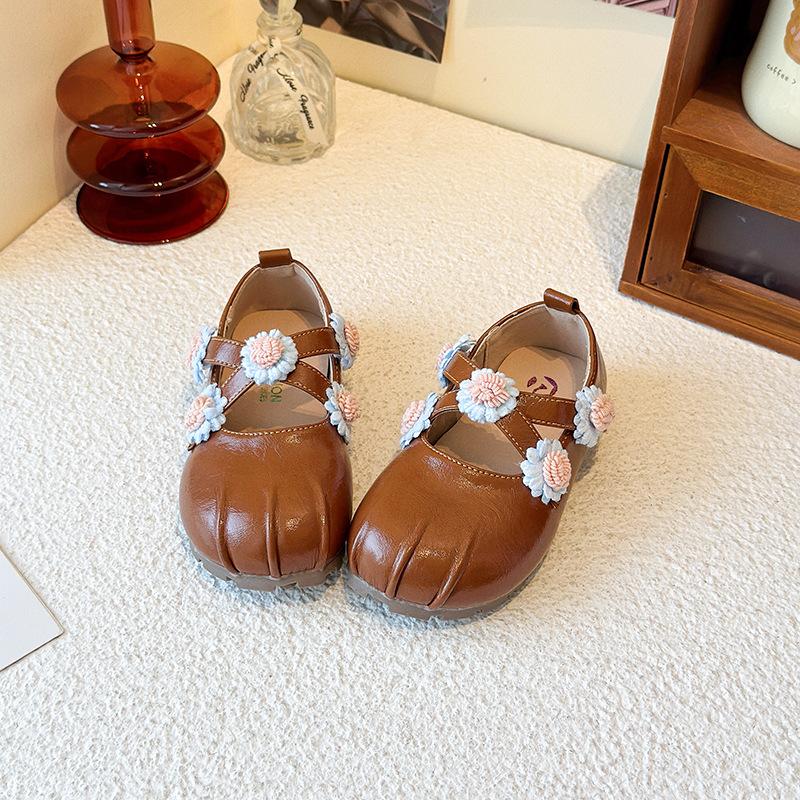 

Girls Korean Flower Cross Strap Mary Jane Shoes Leather Casual Princess Shoes for Spring Autumn Size 23 коричневый