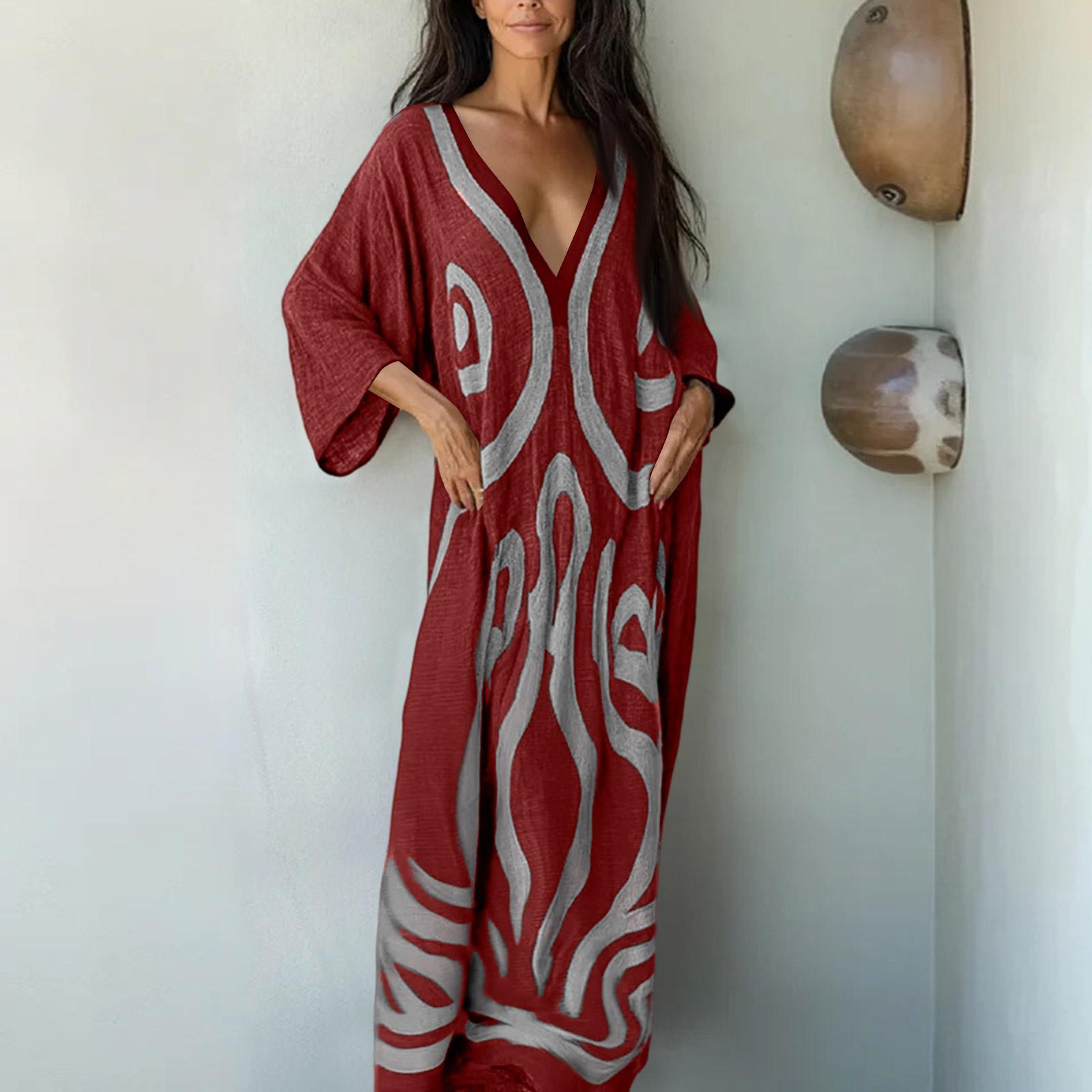 

Women V Neck Bohemian Print Kaftan Dress Loose Fit Maxi Robe for Beach Holiday Home Relaxation Casual Wear M