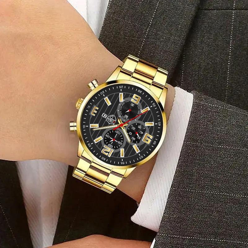 3 teile/satz, 1 pc Mode herren Kalender Casual Edelstahl Quarz Uhr & 1 pc Armband & 1 pc Halskette, männer Geschenke