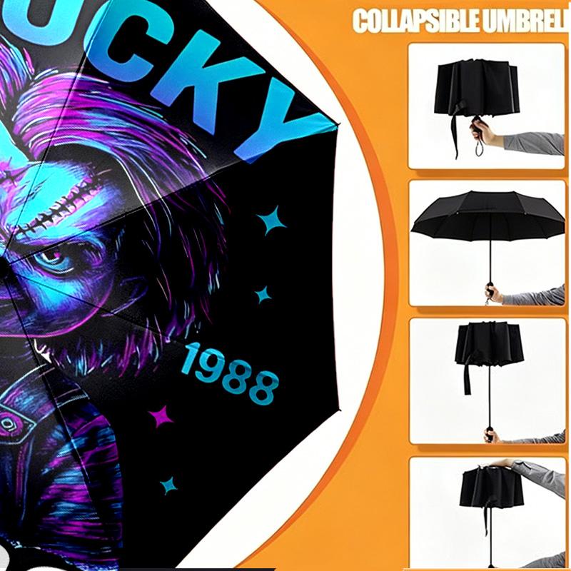 Custom Name Personalized Bride of Chucky Print Umbrella, Auto Open Close, 8‑Rib Sturdy Frame, Commute Camping Hiking Use, Birthday Gift